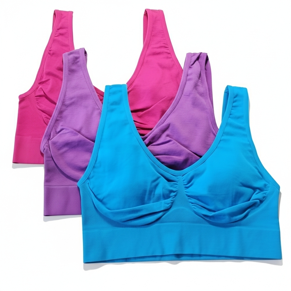 Freedom Size M/L NEW 3 Bras Set Pink Purple Blue Stretchy Wire-free Pullover